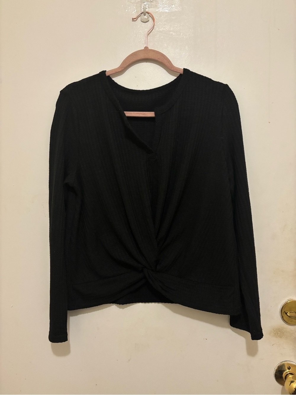 Black Waffle Knit Twist Front Long Sleeve Top | Size M (Estimated)